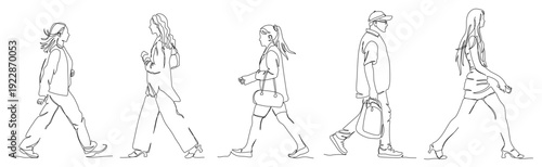People walking set. Side view. Continuous line drawing elements. Vector illustration in line art style. Editable stroke.
