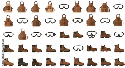 Set of 50 safety workwear icons vector including aprons, boots, and goggles