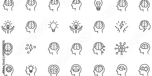 Brain and idea line icons set representing intelligence, neuroscience, innovation, thinking, creativity, mental health concepts