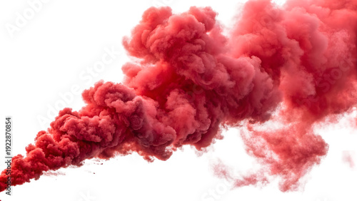 A dense cloud of vibrant red smoke billowing against a stark white background
