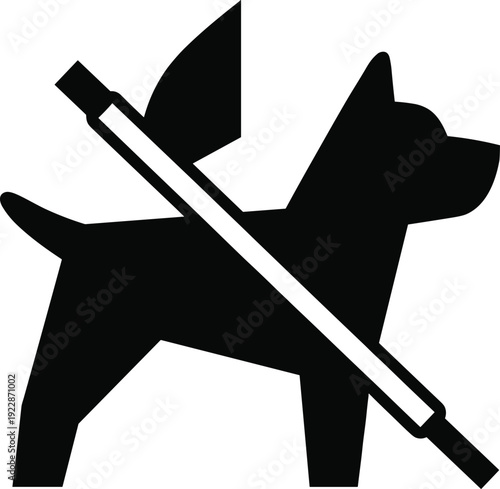 Black vector silhouette of a dog with a diagonal strike through line used as a no pets allowed sign for public safety and branding