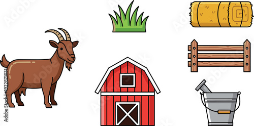 Goat Cartoon Character Vector Set with Red Barn Hay Bale Wooden Fence and Metal Bucket Isolated on White Background for Farm Design