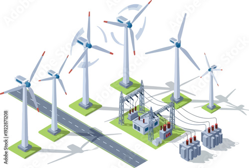 Wind turbines generating electricity alongside a road with a substation and transmission infrastructure nearby