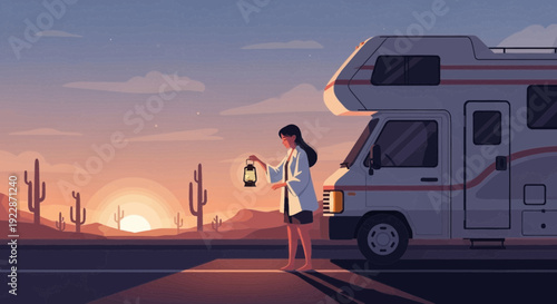 Young woman holding a lantern in the desert at sunset.