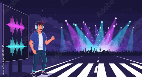 Young man enjoying music with headphones and sound waves.