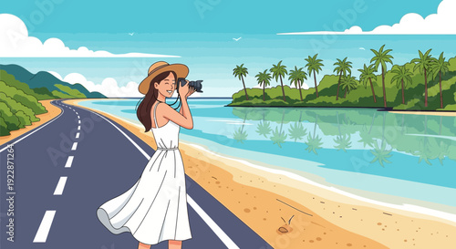 Young woman in a white dress and straw hat taking photos.