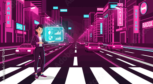 Young woman interacting with a futuristic holographic interface.