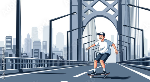 Young man skateboarding on a bridge with urban background.