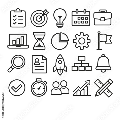 Collection of business icons representing productivity, strategy, and innovation in a minimalist style