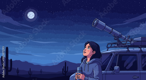 Young woman stargazing with a telescope at night.