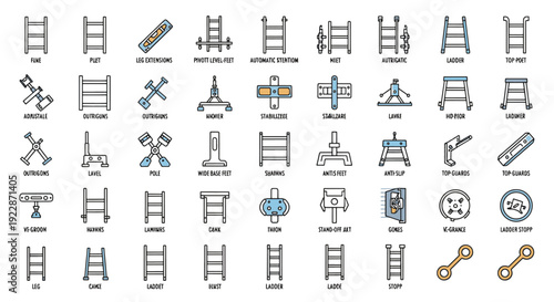 Set of 50 Ladder and Scaffolding Outline Icons Vector