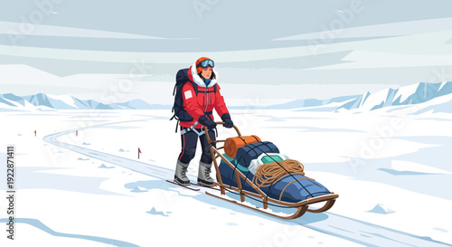 Adventurer pulling a sled in extreme cold weather.
