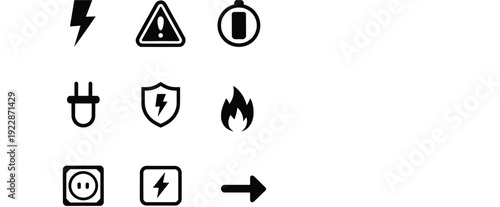 Electricity and warning solid icons set featuring power, battery, plug, fire, protection, energy safety symbols