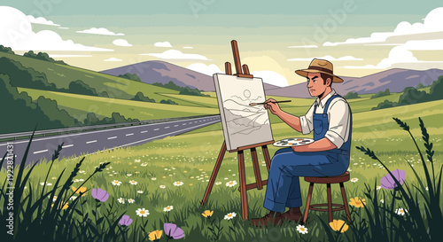 Artist painting outdoors on an easel capturing natures beauty.