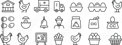Chicken farm line icons set featuring poultry, eggs, farming equipment, agriculture production, livestock management concepts