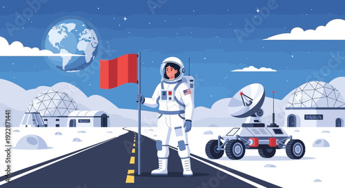 Astronaut standing on an alien planet holding a red flag.