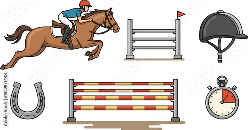 Horse Jumping and Equestrian Sports Vector Set with Rider Jumping Over Obstacle Helmet Horseshoe and Stopwatch Isolated on White Background
