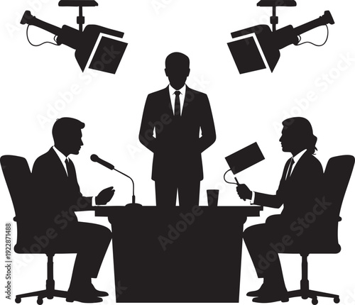 Businessman Standing Talking on Conference Meeting with Two Journalists