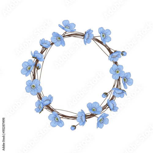 A beautiful wreath adorned with delicate blue flowers and green leaves isolated on transparent background