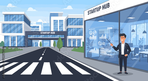 Businessman presenting outside a modern startup hub building.