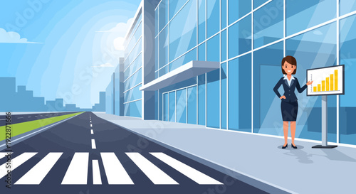 Businesswoman presenting growth chart on a screen.