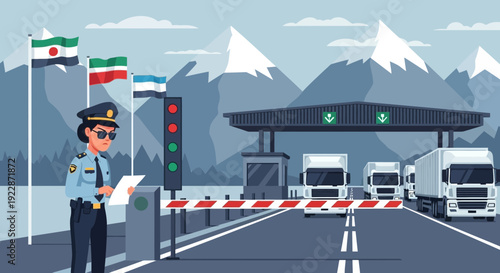 Female customs officer checking documents at border crossing.