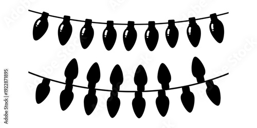 Black silhouette of hanging christmas light bulb garlands isolated on white background for holiday