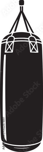 Black Punching Bag Hanging on Rope Isolated on White