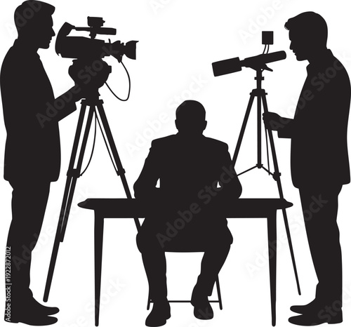 Silhouette of Man Being Interviewed by Two Journalists with Camera and Telescope on Tripods