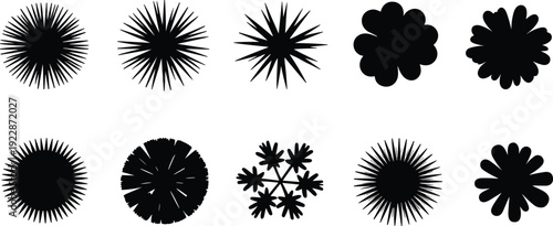 Collection of tree top view symbols for landscape architecture plans, garden plant icons, outdoor vegetation sketches, black vector silhouettes set