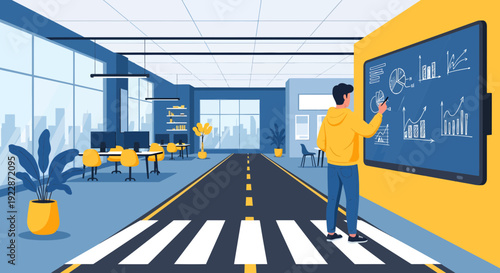 Man analyzing data on a large interactive screen in an office.