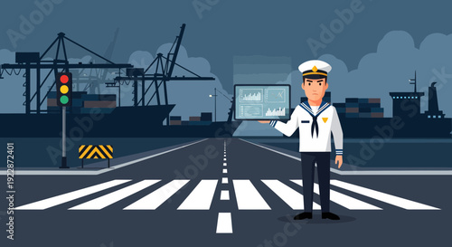 Sailor in uniform standing on a crosswalk.