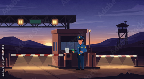 Security guard at checkpoint barrier booth.