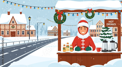 Smiling vendor at a festive hot drinks stall in winter.