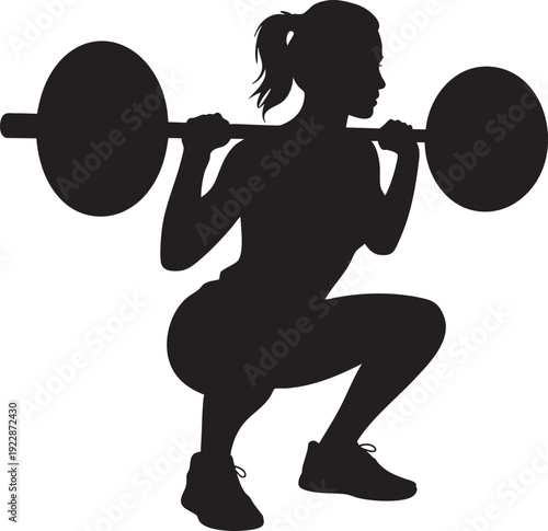Woman Squatting with Barbell Silhouette Isolated on White