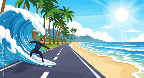 Surfer riding a massive wave on a surfboard.