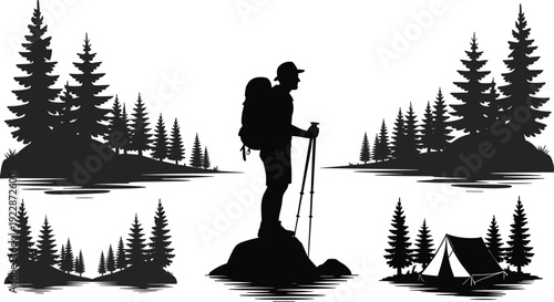 Hiker silhouette with backpack on rock mountain peak, pine forest lake landscape, camping tent in wilderness, outdoor adventure vector isolated