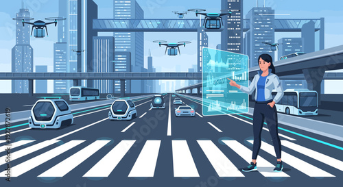 Woman engaging with futuristic holographic display in urban environment.