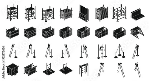 Collection of various black and white technical theater stage equipment illustrations displayed from different viewpoints on a white background.