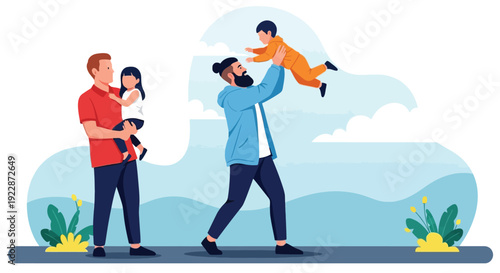 Happy scene with one man holding a girl and another man lifting a boy in a cloudy, blue background with green plants. The mood is joyful and playful.