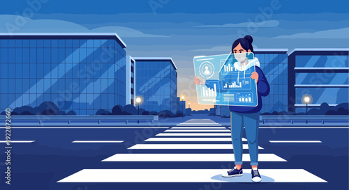 Woman in face mask interacting with futuristic holographic interface.