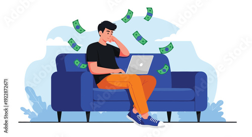 Person sits on a blue couch, using a laptop with dollar bills floating around them. The scene has a cheerful and successful tone.