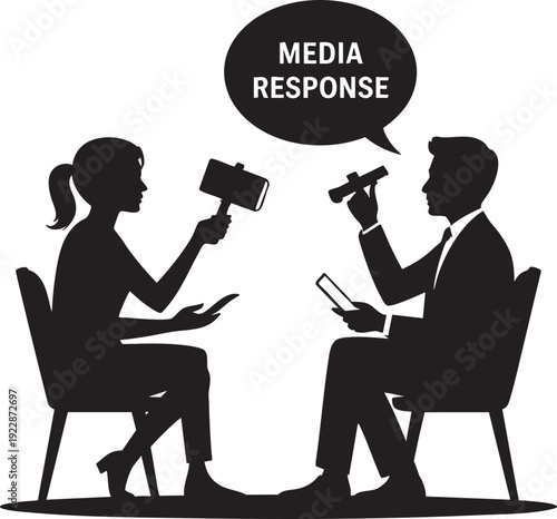 Businessman and Businesswoman in Media Interview Silhouette