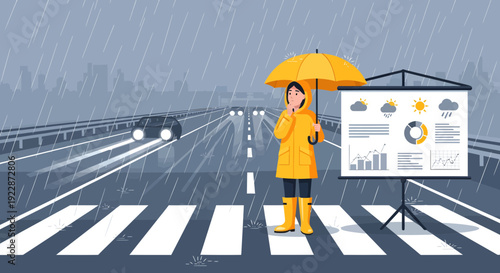 Woman in yellow raincoat and boots holding an umbrella next to a presentation board.