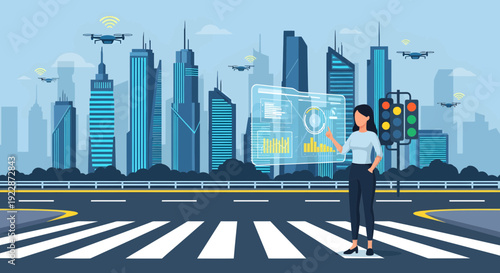 Woman Interacting with Futuristic Holographic Interface in Smart City.