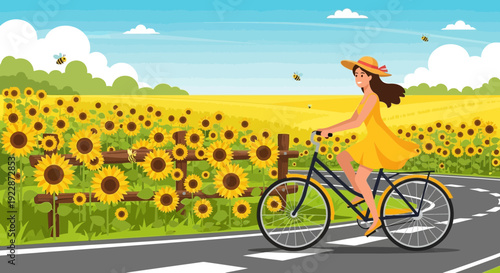 Woman in yellow dress riding bicycle.