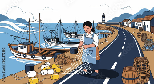 Woman mending fishing net by the sea.