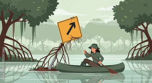 Woman Navigating Canoe Past Uprooted Direction Sign in Mangrove Forest.