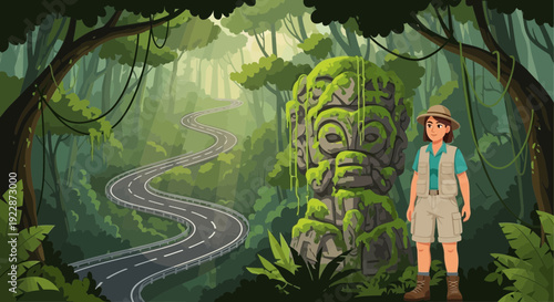 Young Adventurer Explores Ancient Jungle Ruins.