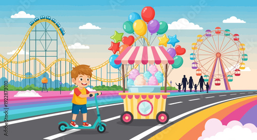 Young boy riding a scooter next to a colorful balloon and cotton candy cart.